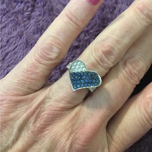 14k 585 White Gold Heart Diamond /Sapphire Ring - Picture 13 of 16